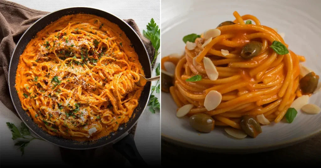 Паста с соусом из запечённого перца, оливками и миндалём