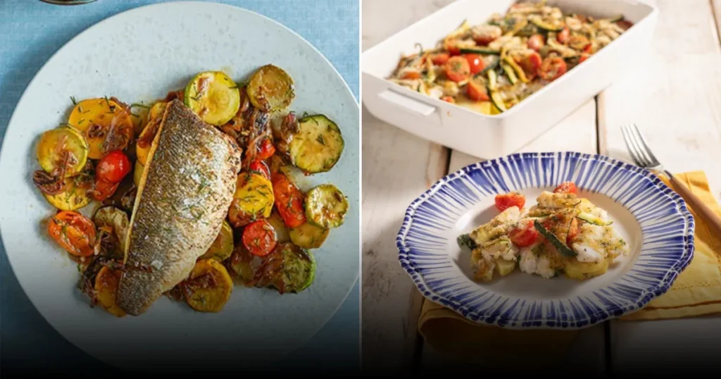 Гратен из морского окуня с помидорами, картофелем и кабачками