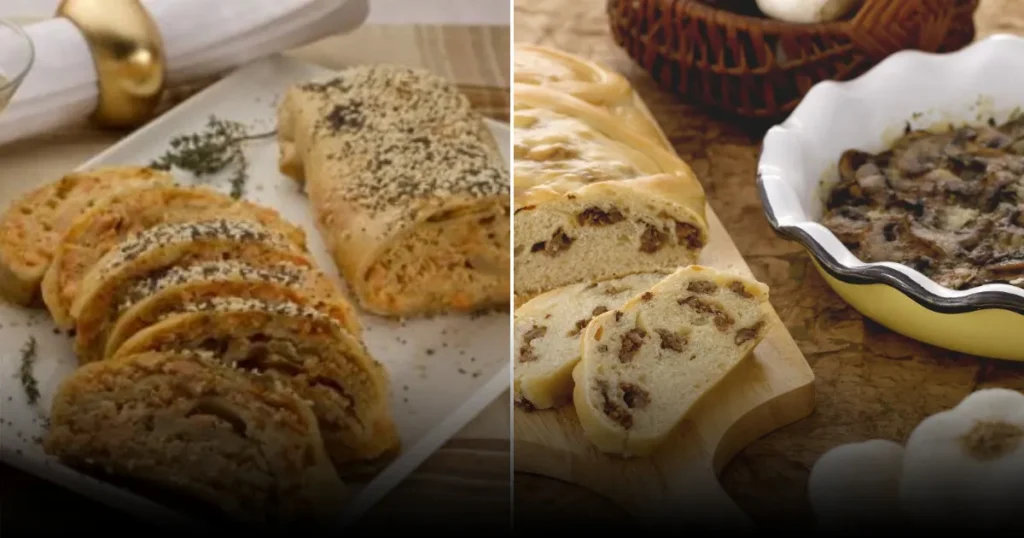 Хлебный штрудель с начинкой из колбасы и ароматных грибовй