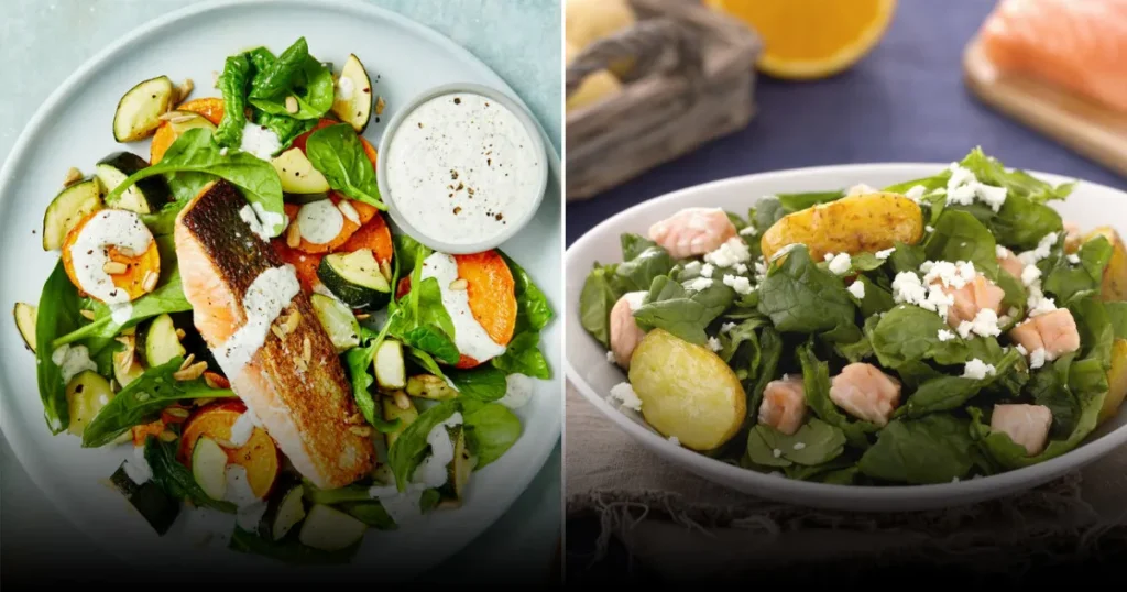 Салат из шпината с картофелем, лососем и фетой