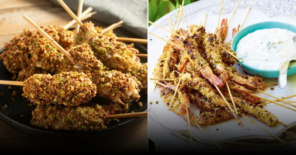 Креветки на шпажках с фисташками