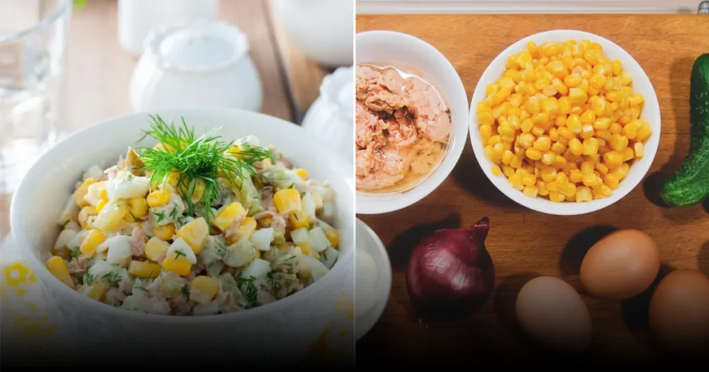 Салат с тунцом, яйцами, кукурузой и огурцами